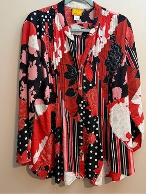 Ruby Rd. Red, Black & Pink Floral Blouse